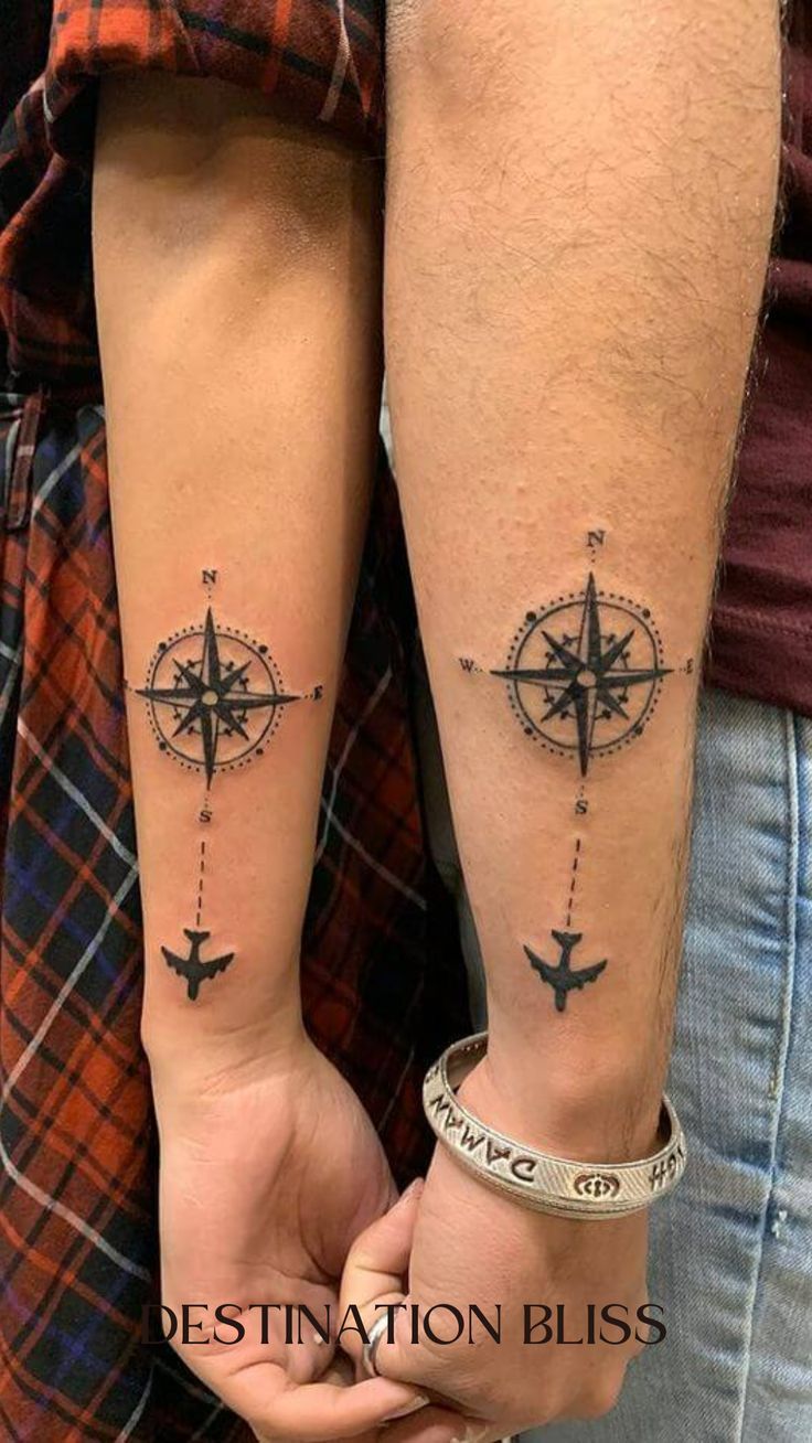 Matching Couple Travel Tattoos: 25 Meaningful Ideas for Adventurous Partners 6 Matching couple travel tattoos inspiration featuring minimalist adventure-themed designs