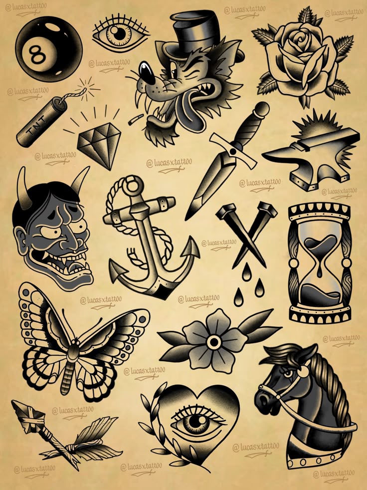 Old School Tattoo: History, Meanings & Timeless Design Guide 8 Classic American traditional tattoo flash featuring anchors, roses, eagles and nautical imagery
