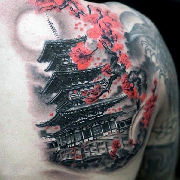 Pagoda Tattoo Meaning, Symbolism & Stunning Design Ideas 8 Traditional pagoda tattoo showcasing spiritual and architectural symbolism
