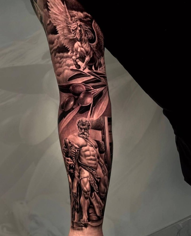 Black and grey realism portrait tattoo with detailed shading