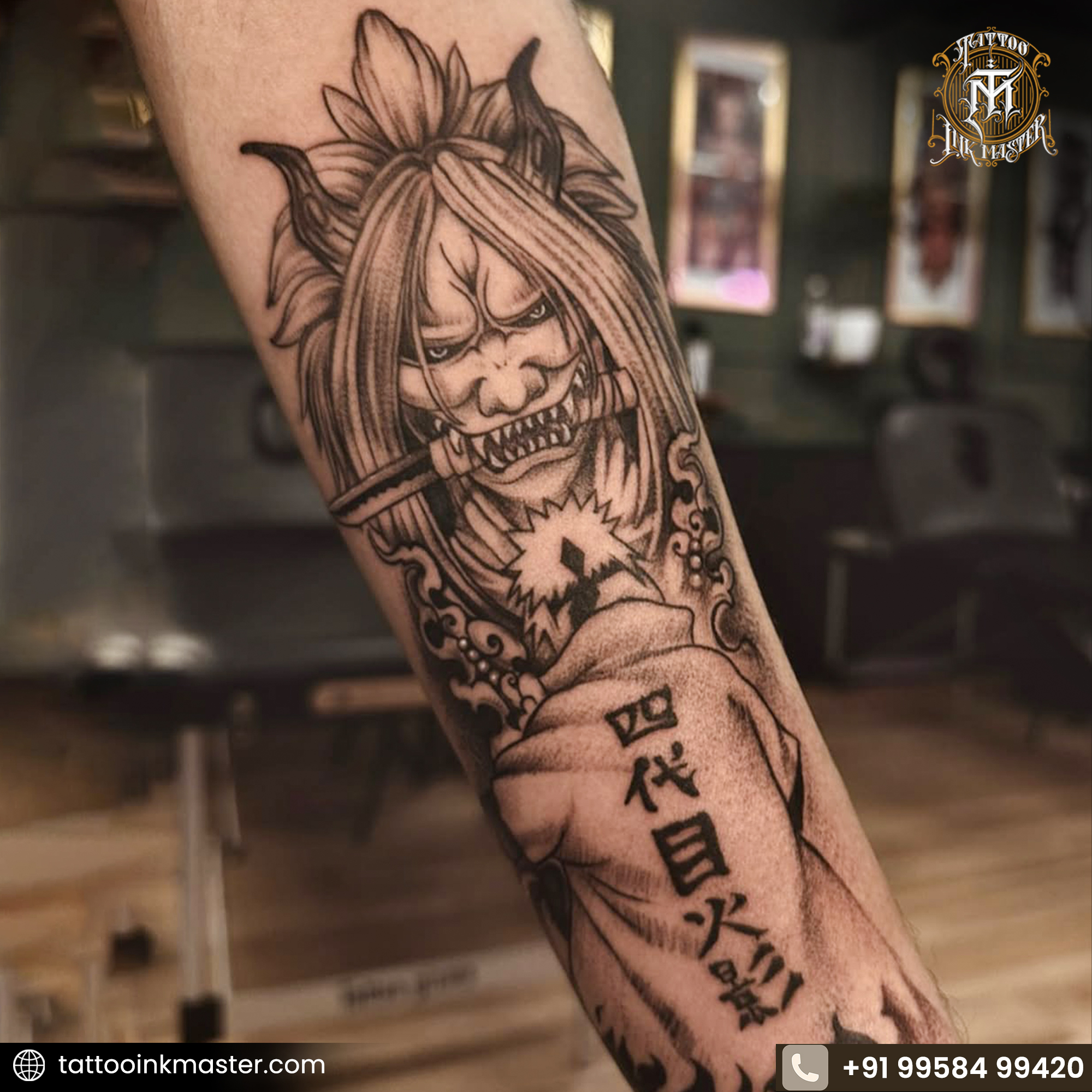 Detailed Oni mask tattoo symbolizing strength resilience and transformation