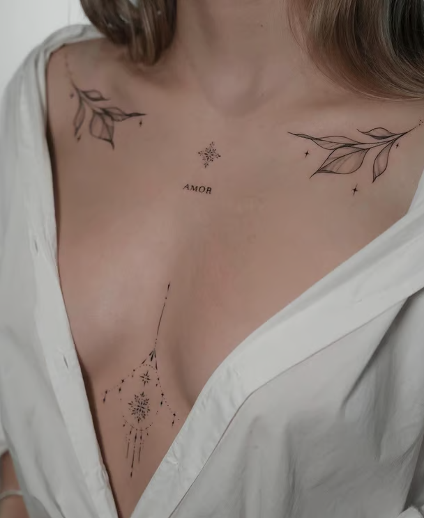 Hình xăm fine line ngực nữ tối giản đẹp và thanh lịch