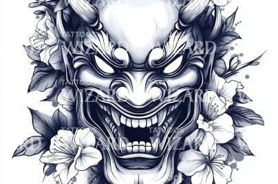 Oni Mask Tattoo Meaning, Symbolism & Best Design Ideas fierce oni visage tattoo illustration fierce oni 16