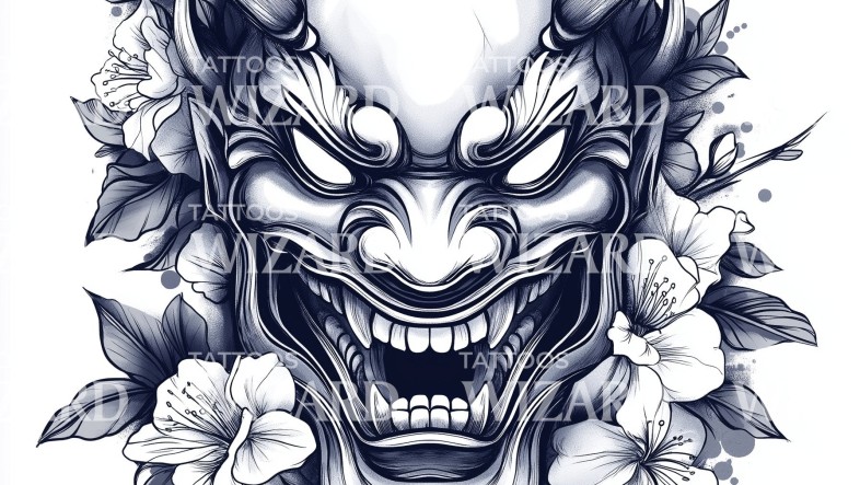 Oni Mask Tattoo Meaning, Symbolism & Best Design Ideas fierce oni visage tattoo illustration fierce oni 16