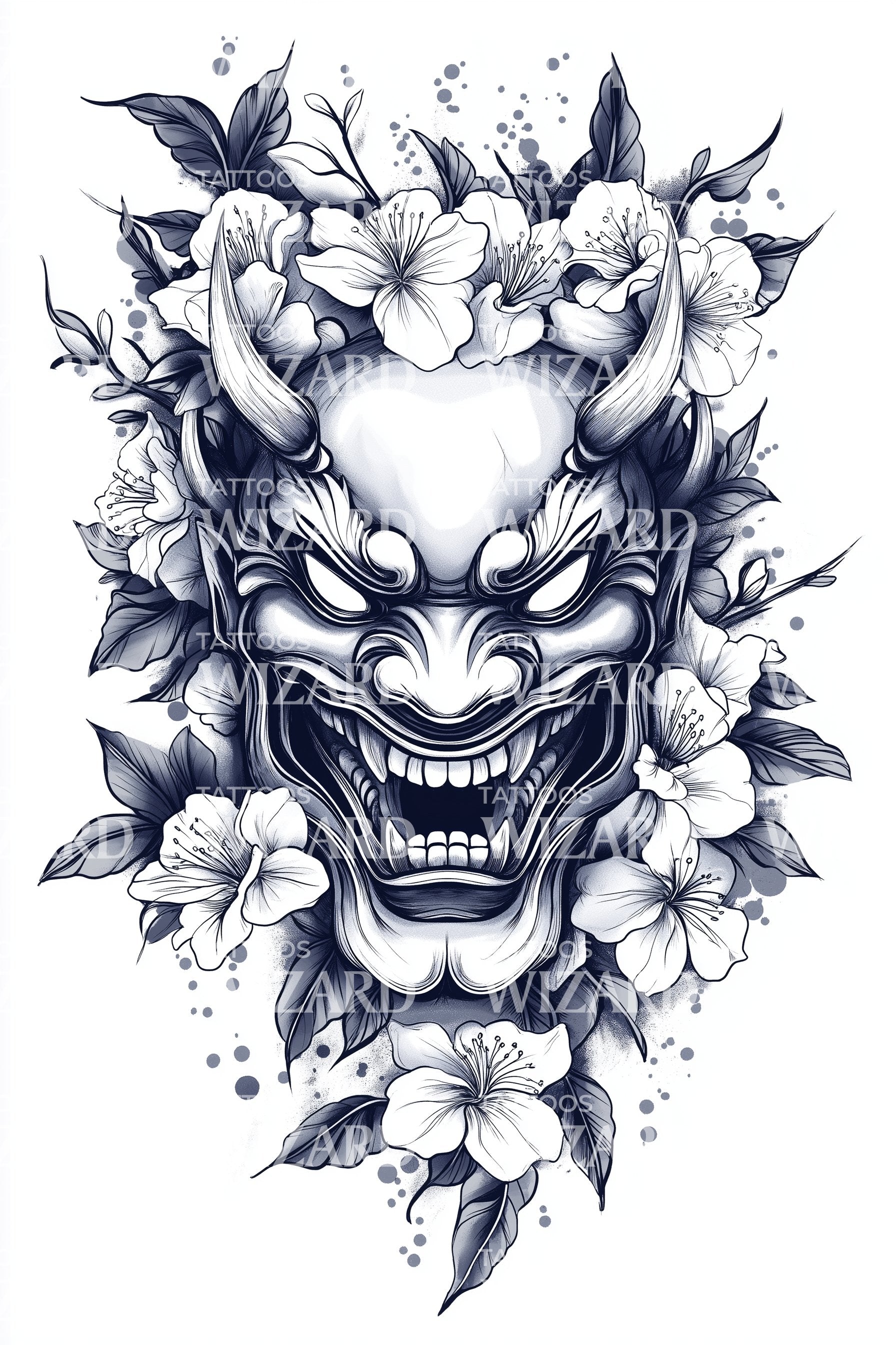 Traditional Oni mask tattoo design inspired by Japanese folklore and symbolism