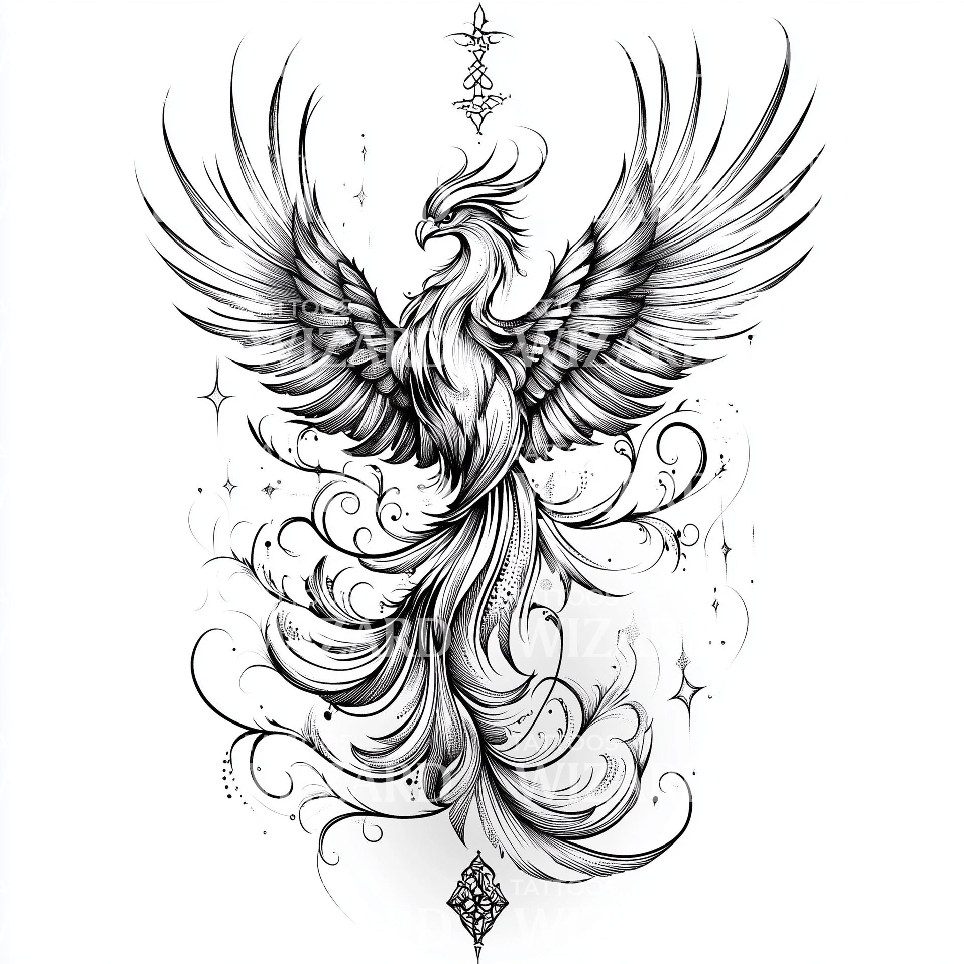 Geometric phoenix tattoo design featuring modern symbolic structure