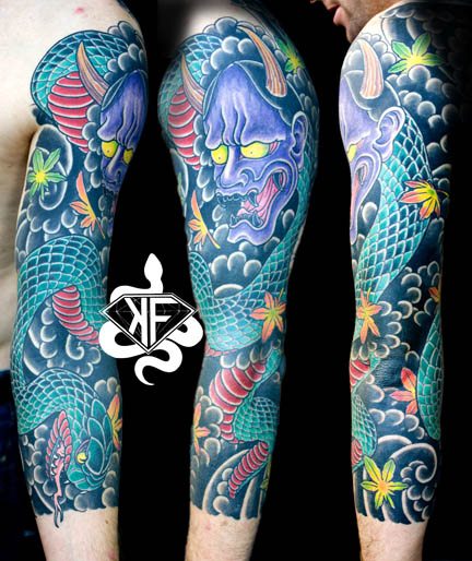Japanese Hannya mask tattoo with snake design meaning