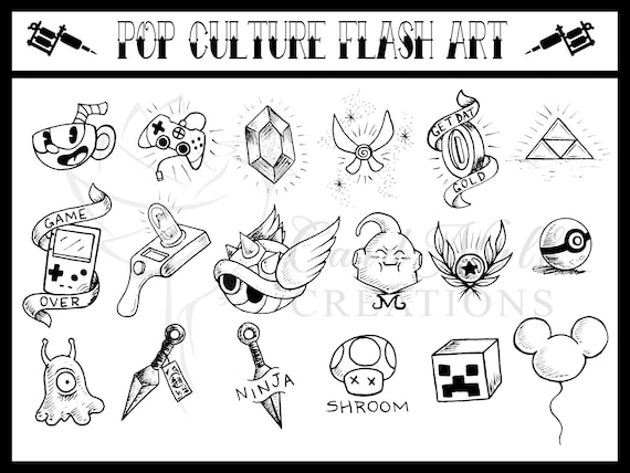 Traditional tattoo flash sheet featuring pre-drawn tattoo concepts
