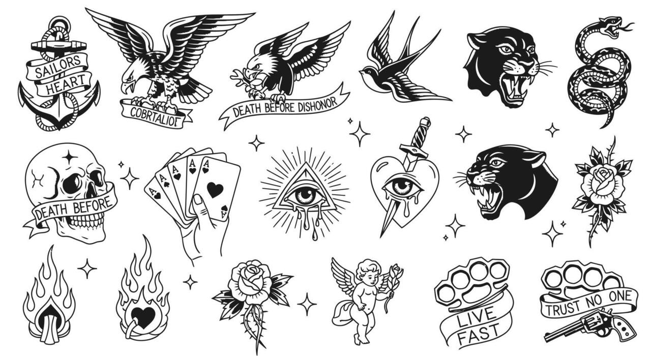 Old School Tattoo: History, Meanings & Timeless Design Guide 6 Old school tattoo flash designs featuring traditional symbols and bold linework