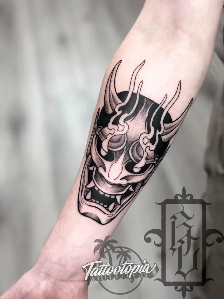 Hannya Mask Tattoo Meaning, Symbolism & Best Design Ideas 5 Traditional Japanese Hannya mask tattoo design showcasing symbolism and artistry