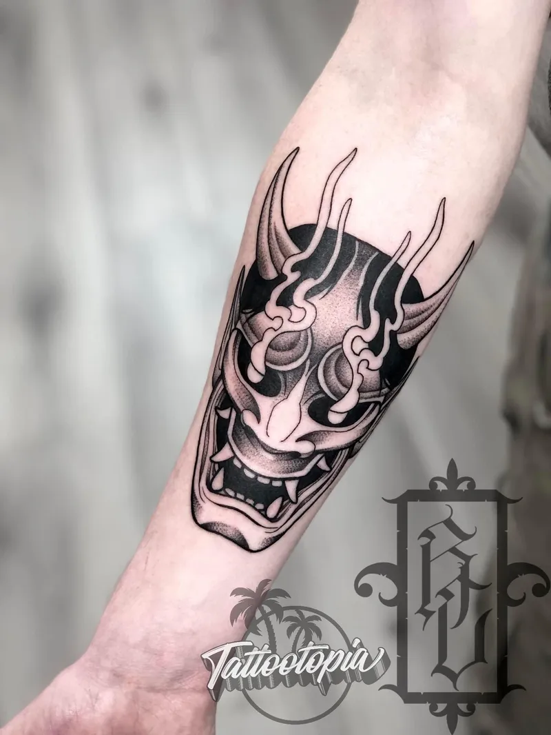 Traditional Hannya mask tattoo often confused with Oni mask tattoos